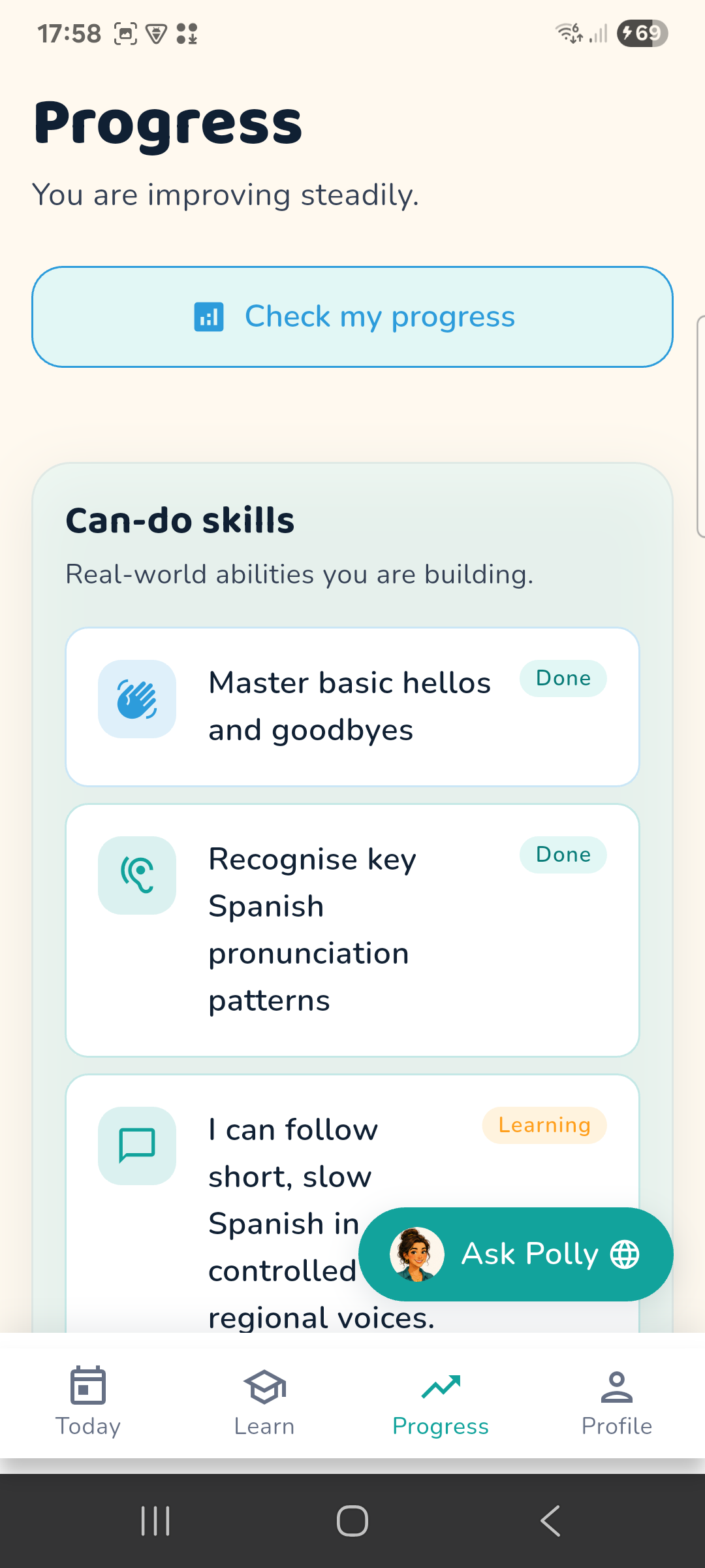 Progress screen in Polly